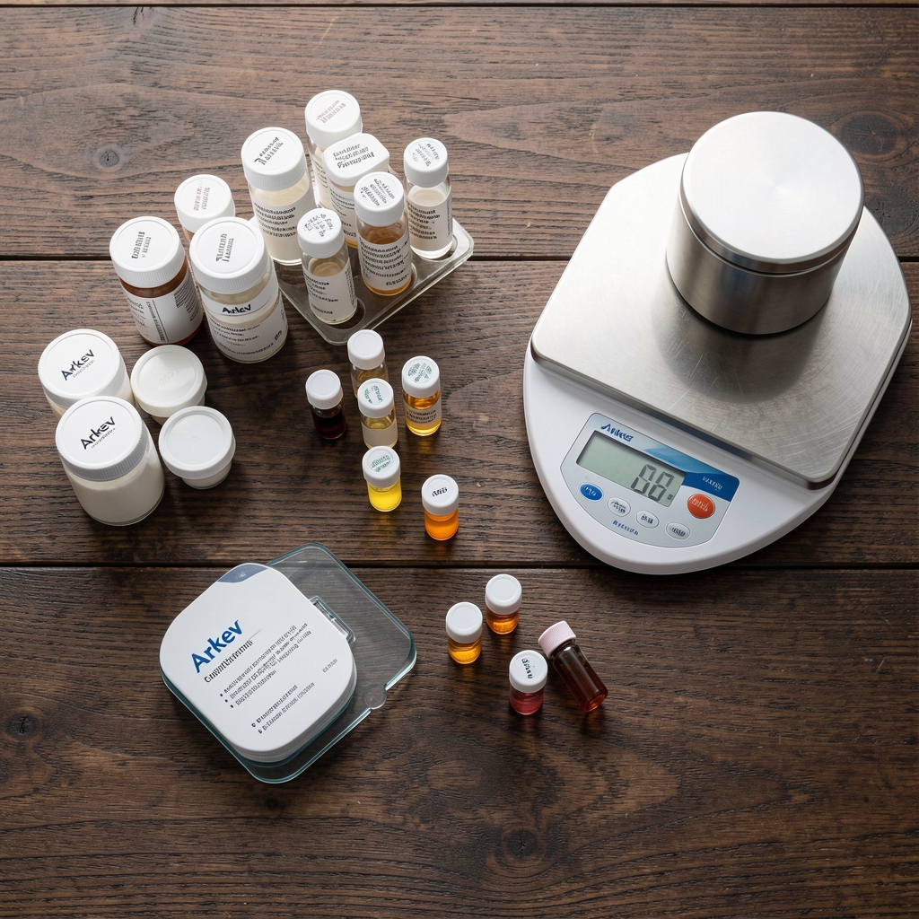 Editorial workspace with opened supplement formulation binder, small amber glass vials, and dried botanical samples arranged on a timber surface in warm studio lighting
