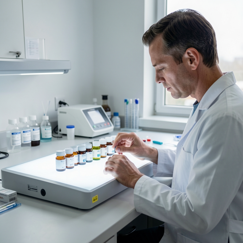 Specialist examining a row of small supplement sample vials on a light box in a verification workspace with controlled lighting and clean surfaces