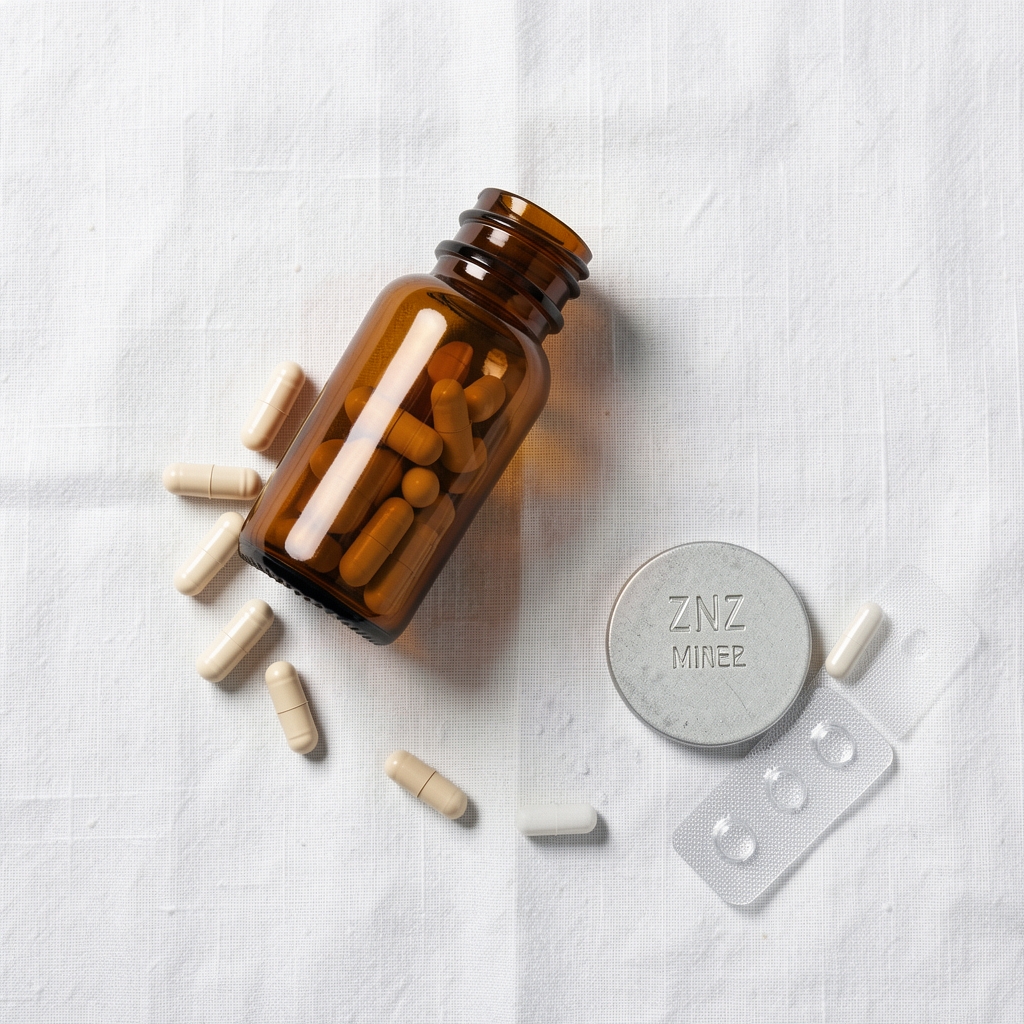 Clean editorial flat-lay of daily supplement capsules, amber glass bottle, and zinc mineral tablet on a white linen surface under studio lighting