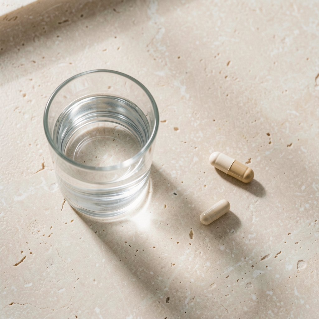 Single supplement capsule resting beside a small glass of water on a pale stone surface photographed from above in a minimalist editorial style