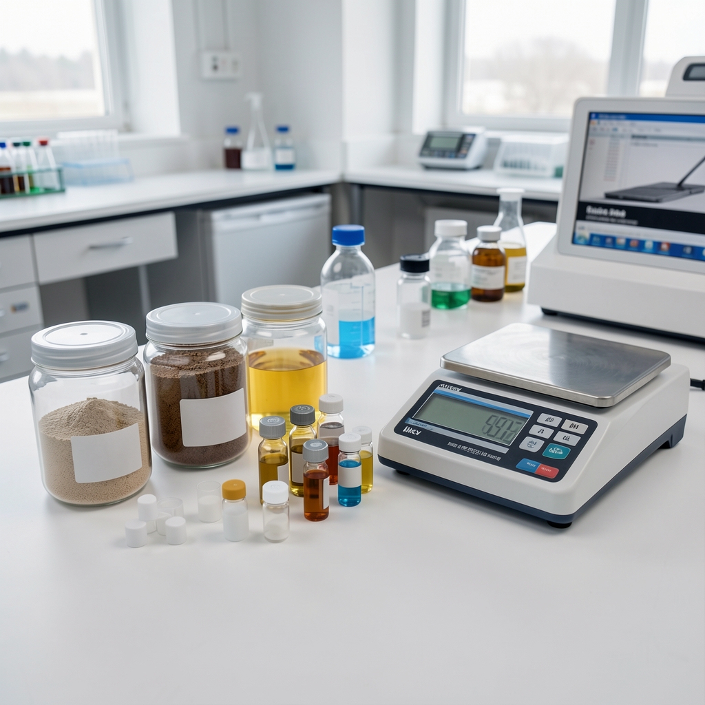 Arkev formulation workspace with open ingredient binders, sample vials, and a calibration scale arranged on a white counter in a clean quality-control environment