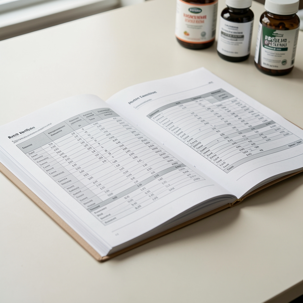 Batch verification documentation spread open on a light desk, showing ingredient concentration data tables, with supplement bottles partially visible in background