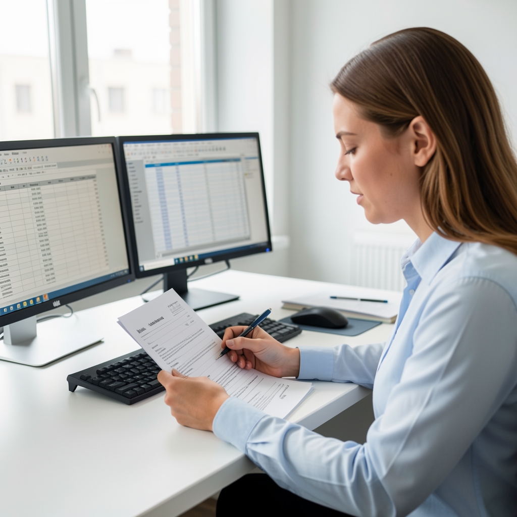 Independent verification specialist reviewing supplement lot record paperwork at a bright workstation with two computer monitors showing concentration data tables
