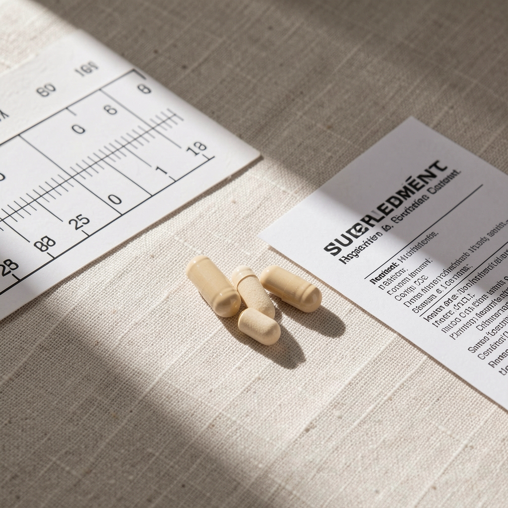 Close-up of two supplement capsules resting on a pale linen surface alongside a measuring chart and ingredient documentation, studio lighting with long shadows