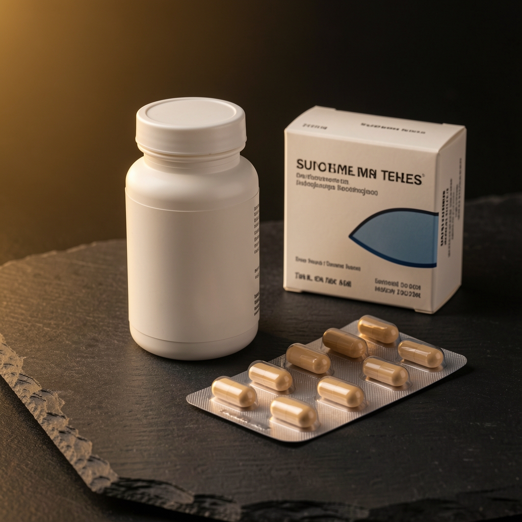 Arkev Mineral supplement bottle and capsule blister pack on a dark slate surface under warm directional studio lighting, product documentation visible in background