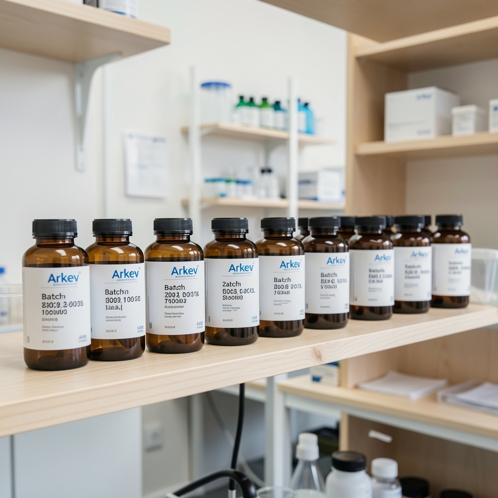 Row of amber glass supplement bottles in varying sizes labelled with Arkev batch codes, arranged on a pale timber shelf in a well-organised quality-control workspace