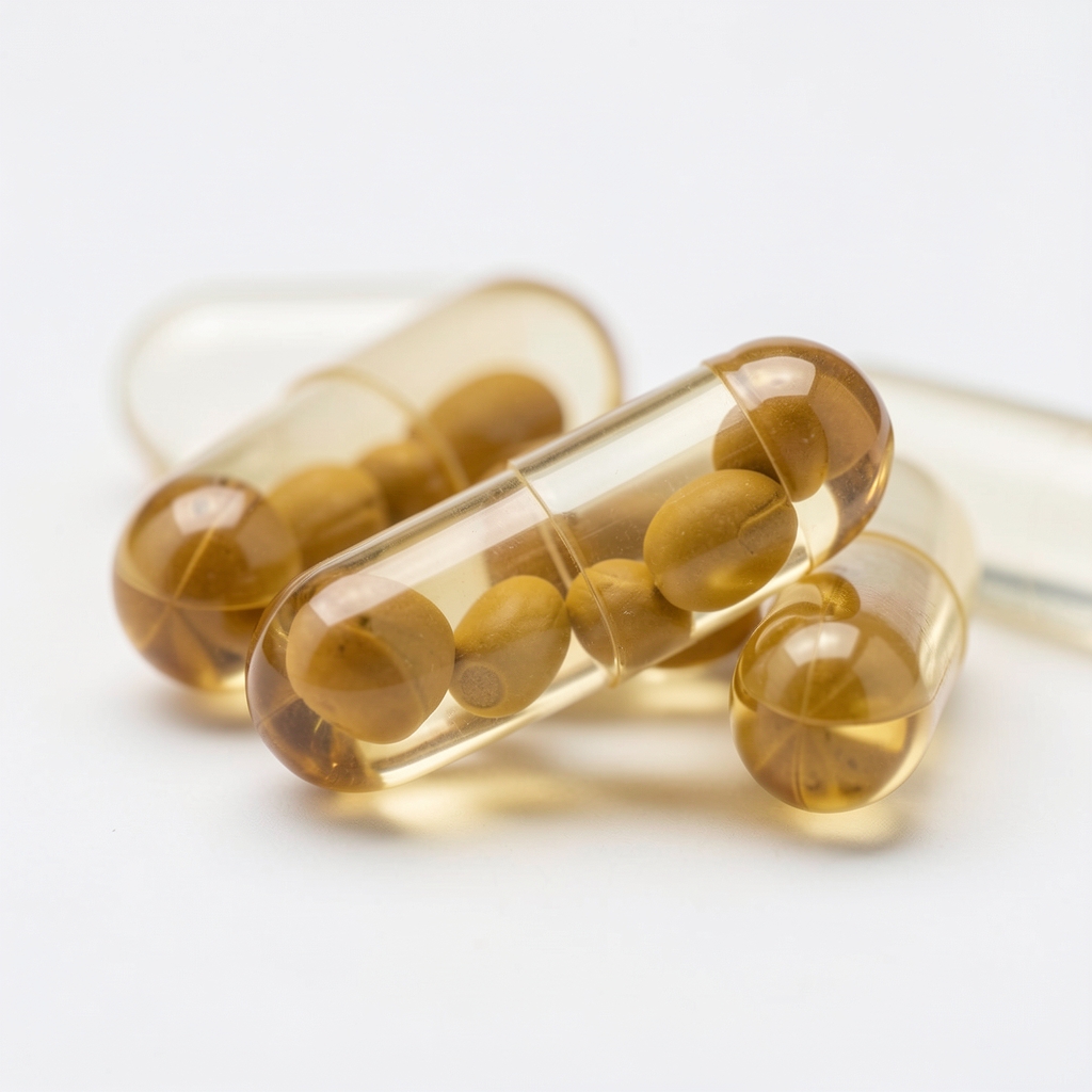 Close-up macro of individual supplement capsules with a translucent vegetable shell, contents visible through capsule wall, neutral white background