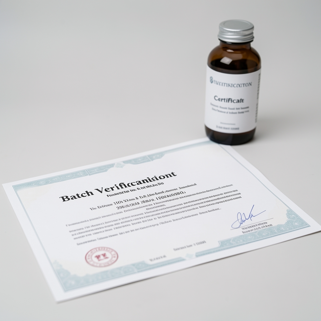 Batch verification certificate spread flat on a light surface, with a supplement bottle in soft focus in the background under even studio lighting