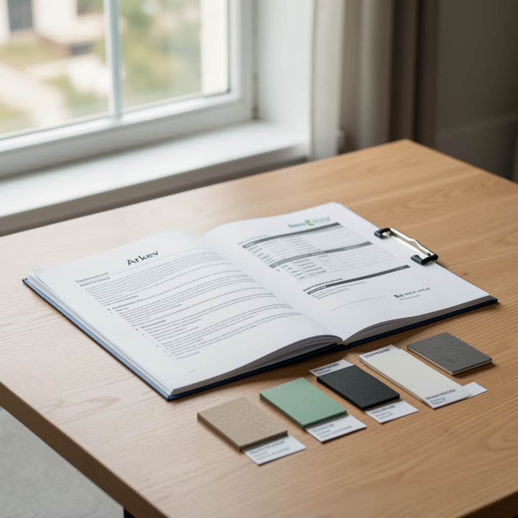 Ingredient sourcing documentation open on a desk alongside small labelled material samples from the Arkev supplier network, natural daylight from window