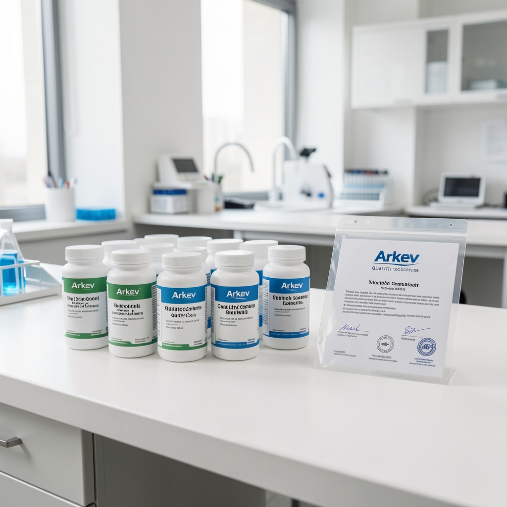 Arkev quality-control workspace showing batch-coded supplement containers arranged on a clean white bench, alongside an ingredient certificate in a clear sleeve